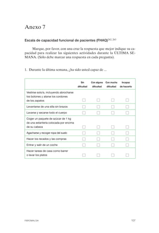 FIBROMIALGIA 2011:RECOMENDACIONES CEVIHP/SE#8DB77                17/11/11     17:27     Página 107




              Anexo 7


              Escala de capacidad funcional de pacientes (FHAQ)262, 263

                   Marque, por favor, con una cruz la respuesta que mejor indique su ca­
              pacidad para realizar las siguientes actividades durante la ÚLTIMA SE­
              MANA. (Sólo debe marcar una respuesta en cada pregunta).


              1. Durante la última semana, ¿ha sido usted capaz de ...


                                                           Sin       Con alguna   Con mucha     Incapaz
                                                        dificultad   dificultad   dificultad   de hacerlo

               Vestirse solo/a, incluyendo abrocharse
               los botones y atarse los cordones
               de los zapatos

               Levantarse de una silla sin brazos

               Lavarse y secarse todo el cuerpo

               Coger un paquete de azúcar de 1 kg
               de una estantería colocada por encima
               de su cabeza

               Agacharse y recoger ropa del suelo

               Hacer los recados y las compras

               Entrar y salir de un coche

               Hacer tareas de casa como barrer
               o lavar los platos




              FIBROMIALGIA                                                                                107
 