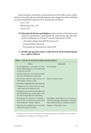 FIBROMIALGIA 2011:RECOMENDACIONES CEVIHP/SE#8DB77                             17/11/11   17:28     Página 147




                    Recientemente, utilizando la puntuación total del FIQ, se han estable­
              cido tres intervalos de gravedad del impacto que, aunque no están validados
              en nuestra población, pueden servir de guía para el clínico:
                       –	 Leve: <39
                       –	 Moderado: ≥39 y <59
                       –	 Grave: ≥59

                       D. Valoración de factores psicológicos como estados emocionales, pen­
                          samiento catastrofista y percepción de autoeficacia que han mos­
                          trado su influencia en el mayor o menor impacto de la FM:
                           –	 Ansiedad y Depresión (HAD) (Anexo 8)
                           –	 Catastrofismo (Anexo 9)
                           –	 Percepción de autoeficacia (Anexo 10)

                       E. Decidir qué pacientes tratar y cuáles derivar desde atención prima­
                          ria y a quién (Tabla 4)


               Tabla 4. Criterios de derivación desde atención primaria

                                      Criterio                                           Derivación
               –	 Duda diagnóstica o necesidad de diag­                 Reumatología
                  nóstico diferencial que no se puede hacer
                  en atención primaria.
               –	 Control inadecuado de la sintomatología
                  tras inicio del tratamiento adecuado.
               –	 Enfermedad depresiva grave previa a la                Equipo de salud mental
                  enfermedad o reactiva a ésta.
               – Pensamiento catastrofista ante el dolor (Anexo 9).
               –	 Inadaptación a la enfermedad con reper­
                  cusión grave en la calidad de vida.
               –	 Identificación de sucesos emocionales en la
                  vida del paciente que puedan estar condi­
                  cionando el desarrollo de la enfermedad.
               – Enfermedad con afectación moderada o                   Especialistas relacionados con la atención al
                 grave al inicio o durante la evolución de la           dolor (Reumatología, Rehabilitación y Medicina
                 enfermedad (ver “manejo” Tabla 5).                     Física, Medicina Interna, Unidades de Dolora)
               – Presencia de morbilidad que no se puede                Digestivo, Ginecología, Otras.
                 resolver en atención primaria.


               a.   Pacientes con dolor crónico complejo en el que pueda sospecharse comorbilidad con otros procesos
                    susceptibles de ser tratados en las unidades del dolor.




              FIBROMIALGIA	                                                                                        147
 