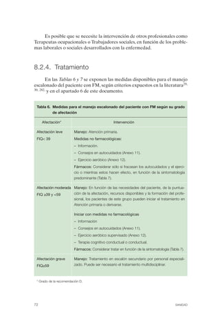 FIBROMIALGIA 2011:RECOMENDACIONES CEVIHP/SE#8DB77                 17/11/11       17:27     Página 72




                   Es posible que se necesite la intervención de otros profesionales como
              Terapeutas ocupacionales o Trabajadores sociales, en función de los proble­
              mas laborales o sociales desarrollados con la enfermedad.



              8.2.4. Tratamiento
                      En las Tablas 6 y 7 se exponen las medidas disponibles para el manejo
              escalonado del paciente con FM, según criterios expuestos en la literatura29,
              30, 282, y en el apartado 6 de este documento.




               Tabla 6. Medidas para el manejo escalonado del paciente con FM según su grado
                        de afectación

                   Afectación*                                  Intervención

               Afectación leve         Manejo: Atención primaria.
               FIQ< 39                 Medidas no farmacológicas:
                                       – Información.

                                       – Consejos en autocuidados (Anexo 11).

                                       – Ejercicio aeróbico (Anexo 12). 

                                       Fármacos: Considerar sólo si fracasan los autocuidados y el ejerci­
                                       cio o mientras estos hacen efecto, en función de la sintomatología

                                       predominante (Tabla 7).


               Afectación moderada Manejo: En función de las necesidades del paciente, de la puntua­
               FIQ ≥39 y <59       ción de la afectación, recursos disponibles y la formación del profe-
                                   sional, los pacientes de este grupo pueden iniciar el tratamiento en
                                   Atención primaria o derivarse.

                                       Iniciar con medidas no farmacológicas
                                       – Información

                                       – Consejos en autocuidados (Anexo 11).

                                       – Ejercicio aeróbico supervisado (Anexo 12). 

                                       – Terapia cognitivo conductual o conductual.

                                       Fármacos: Considerar tratar en función de la sintomatología (Tabla 7).


               Afectación grave        Manejo: Tratamiento en escalón secundario por personal especiali­
               FIQ≥59                  zado. Puede ser necesario el tratamiento multidisciplinar.



               * Grado de la recomendación D.




              72                                                                                       SANIDAD
 
