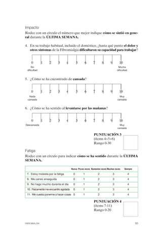 FIBROMIALGIA 2011:RECOMENDACIONES CEVIHP/SE#8DB77                    17/11/11      17:27           Página 93




              Impacto
              Rodee con un círculo el número que mejor indique cómo se sintió en gene­
              ral durante la ÚLTIMA SEMANA.

              4.	 En su trabajo habitual, incluido el doméstico, ¿hasta qué punto el dolor y
                  otros síntomas de la Fibromialgia dificultaron su capacidad para trabajar?


                   0         1   2       3      4           5     6       7        8       9          10

                   Sin                                                                               Mucha
               dificultad                                                                           dificultad


              5. ¿Cómo se ha encontrado de cansada?


                   0         1   2       3      4           5     6       7        8       9          10

                 Nada                                                                                 Muy
                cansada                                                                             cansada


              6. ¿Cómo se ha sentido al levantarse por las mañanas?


                   0         1   2       3      4           5     6       7        8       9          10
              Descansada                                                                              Muy
                                                                                                    cansada

                                                                           PUNTUACIÓN 3
                                                                           (ítems 4+5+6)
                                                                           Rango 0-30

              Fatiga
              Rodee con un círculo para indicar cómo se ha sentido durante la ÚLTIMA
              SEMANA.

                                                      Nunca Pocas veces Bastantes veces Muchas veces        Siempre

               7. Estoy molesta por la fatiga           0        1             2               3                 4
               8. Me canso enseguida                    0        1             2               3                 4
               9. No hago mucho durante el día          0        1             2               3                 4
               10. Físicamente me encuentro agotada     0        1             2               3                 4
               11. Me cuesta ponerme a hacer cosas 0             1             2               3                 4

                                                                           PUNTUACIÓN 4
                                                                           (ítems 7-11)
                                                                           Rango 0-20


              FIBROMIALGIA                                                                                            93
 
