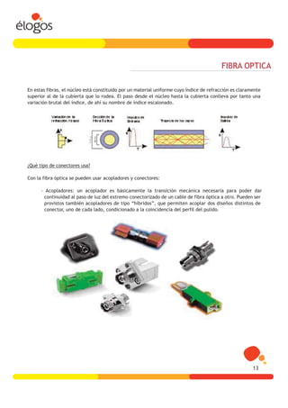 FIBRA OPTICA

En estas fibras, el núcleo está constituido por un material uniforme cuyo índice de refracción es claramente
superior al de la cubierta que lo rodea. El paso desde el núcleo hasta la cubierta conlleva por tanto una
variación brutal del índice, de ahí su nombre de índice escalonado.




¿Qué tipo de conectores usa?

Con la fibra óptica se pueden usar acopladores y conectores:

      - Acopladores: un acoplador es básicamente la transición mecánica necesaria para poder dar
       continuidad al paso de luz del extremo conectorizado de un cable de fibra óptica a otro. Pueden ser
       provistos también acopladores de tipo “híbridos”, que permiten acoplar dos diseños distintos de
       conector, uno de cada lado, condicionado a la coincidencia del perfil del pulido.




                                                                                                        13
 