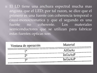    El LD tiene una anchura espectral mucha mas
    angosta que el LED; por tal razon, se dice que el
    primero es una fuente con coherencia temporal o
    causi-monocromatica y que el segundo es una
    fuente     no     coherente.   Los    materiales
    semiconductores que se utilizan para fabricar
    estas fuentes opticas son:
 