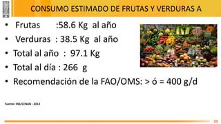 CONSUMO ESTIMADO DE FRUTAS Y VERDURAS A
• Frutas :58.6 Kg al año
• Verduras : 38.5 Kg al año
• Total al año : 97.1 Kg
• Total al día : 266 g
• Recomendación de la FAO/OMS: > ó = 400 g/d
Fuente: INS/CENAN - 2013
33
 