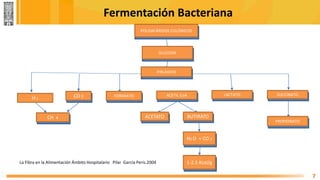 Fermentación Bacteriana
7
POLISACÁRIDOS COLÓNICOS
GLUCOSA
PIRUVATO
H 2 CO 2 FORMIATO ACETIL CoA LACTATO SUCCINATO
CH 4 ACETATO BUTIRATO
PROPIONATO
H2 O + CO 2
1-2.5 Kcal/g
POLISACÁRIDOS COLÓNICOS
GLUCOSA
PIRUVATO
CO 2 FORMIATO ACETIL CoA LACTATO SUCCINATO
CH 4 ACETATO BUTIRATO
PROPIONATO
H2 O + CO 2
1-2.5 Kcal/g
POLISACÁRIDOS COLÓNICOS
GLUCOSA
PIRUVATO
La Fibra en la Alimentación Ámbito Hospitalario Pilar García Peris.2004
 