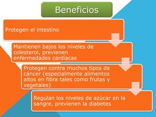 Beneficios
Protegen el intestino
Mantienen bajos los niveles de
colesterol, previenen
enfermedades cardíacas
Protegen contra muchos tipos de
cáncer (especialmente alimentos
altos en fibra tales como frutas y
vegetales)
Regulan los niveles de azúcar en la
sangre, previenen la diabetes
 