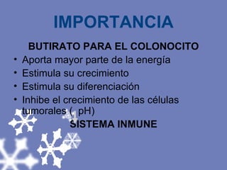 IMPORTANCIA BUTIRATO PARA EL COLONOCITO Aporta mayor parte de la energía  Estimula su crecimiento Estimula su diferenciación  Inhibe el crecimiento de las células tumorales (  pH) SISTEMA INMUNE 