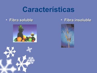 Características Fibra soluble Fibra insoluble 