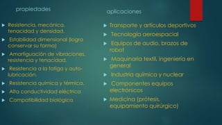 propiedades
 Resistencia, mecánica,
tenacidad y densidad.
 Estabilidad dimensional (logra
conservar su forma)
 Amortiguación de vibraciones,
resistencia y tenacidad.
 Resistencia a la fatiga y auto-
lubricación.
 Resistencia química y térmica.
 Alta conductividad eléctrica
 Compatibilidad biológica
aplicaciones
 Transporte y artículos deportivos
 Tecnología aeroespacial
 Equipos de audio, brazos de
robot
 Maquinaria textil, ingeniería en
general
 Industria química y nuclear
 Componentes equipos
electrónicos
 Medicina (prótesis,
equipamiento quirúrgico)
 