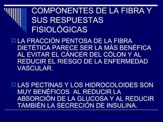 COMPONENTES DE LA FIBRA Y SUS RESPUESTAS FISIOLÓGICAS LA FRACCIÓN PENTOSA DE LA FIBRA DIETÉTICA PARECE SER LA MÁS BENÉFICA AL EVITAR EL CÁNCER DEL CÓLON Y AL REDUCIR EL RIESGO DE LA ENFERMEDAD VASCULAR. LAS PECTINAS Y LOS HIDROCOLOIDES SON MUY BENÉFICOS  AL REDUCIR LA ABSORCIÒN DE LA GLUCOSA Y AL REDUCIR TAMBIÉN LA SECRECIÓN DE INSULINA. 