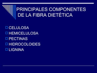 PRINCIPALES COMPONENTES    DE LA FIBRA DIETÉTICA CELULOSA HEMICELULOSA PECTINAS HIDROCOLOIDES LIGNINA 
