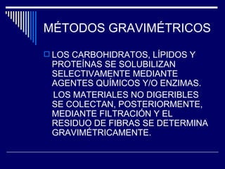 MÉTODOS GRAVIMÉTRICOS LOS CARBOHIDRATOS, LÍPIDOS Y PROTEÍNAS SE SOLUBILIZAN SELECTIVAMENTE MEDIANTE AGENTES QUÍMICOS Y/O ENZIMAS. LOS MATERIALES NO DIGERIBLES SE COLECTAN, POSTERIORMENTE, MEDIANTE FILTRACIÓN Y EL RESIDUO DE FIBRAS SE DETERMINA GRAVIMÉTRICAMENTE. 