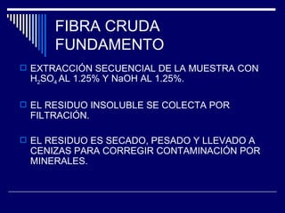 FIBRA CRUDA FUNDAMENTO EXTRACCIÓN SECUENCIAL DE LA MUESTRA CON H 2 SO 4  AL 1.25% Y NaOH AL 1.25%. EL RESIDUO INSOLUBLE SE COLECTA POR FILTRACIÓN. EL RESIDUO ES SECADO, PESADO Y LLEVADO A CENIZAS PARA CORREGIR CONTAMINACIÓN POR MINERALES. 