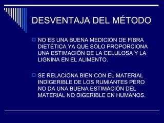 DESVENTAJA DEL MÉTODO  NO ES UNA BUENA MEDICIÓN DE FIBRA DIETÉTICA YA QUE SÓLO PROPORCIONA UNA ESTIMACIÓN DE LA CELULOSA Y LA LIGNINA EN EL ALIMENTO. SE RELACIONA BIEN CON EL MATERIAL INDIGERIBLE DE LOS RUMIANTES PERO NO DA UNA BUENA ESTIMACIÓN DEL MATERIAL NO DIGERIBLE EN HUMANOS. 