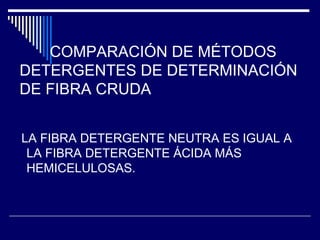 COMPARACIÓN DE MÉTODOS DETERGENTES DE DETERMINACIÓN DE FIBRA CRUDA LA FIBRA DETERGENTE NEUTRA ES IGUAL A LA FIBRA DETERGENTE ÁCIDA MÁS HEMICELULOSAS. 