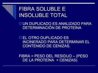 FIBRA SOLUBLE E INSOLUBLE TOTAL UN DUPLICADO ES ANALIZADO PARA DETERMINACIÓN DE PROTEÍNA EL OTRO DUPLICADO ES INCINERADO PARA DETERMINAR EL CONTENIDO DE CENIZAS. FIBRA = PESO DEL RESIDUO – (PESO DE LA PROTEÍNA  + CENIZAS) 
