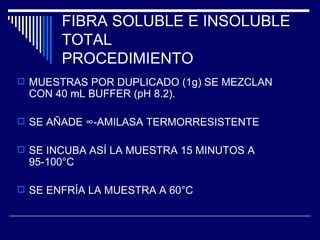 FIBRA SOLUBLE E INSOLUBLE TOTAL PROCEDIMIENTO MUESTRAS POR DUPLICADO (1g) SE MEZCLAN CON 40 mL BUFFER (pH 8.2). SE AÑADE ∞-AMILASA TERMORRESISTENTE SE INCUBA ASÍ LA MUESTRA 15 MINUTOS A 95-100°C SE ENFRÍA LA MUESTRA A 60°C 
