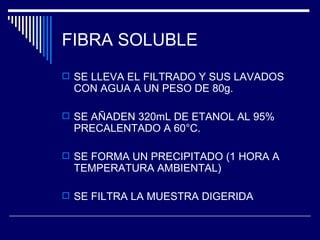 FIBRA SOLUBLE SE LLEVA EL FILTRADO Y SUS LAVADOS CON AGUA A UN PESO DE 80g. SE AÑADEN 320mL DE ETANOL AL 95% PRECALENTADO A 60°C. SE FORMA UN PRECIPITADO (1 HORA A TEMPERATURA AMBIENTAL) SE FILTRA LA MUESTRA DIGERIDA 