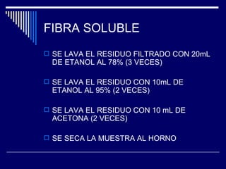 FIBRA SOLUBLE SE LAVA EL RESIDUO FILTRADO CON 20mL DE ETANOL AL 78% (3 VECES) SE LAVA EL RESIDUO CON 10mL DE ETANOL AL 95% (2 VECES) SE LAVA EL RESIDUO CON 10 mL DE ACETONA (2 VECES) SE SECA LA MUESTRA AL HORNO 