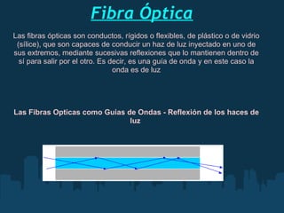 Fibra Óptica Las fibras ópticas son conductos, rígidos o flexibles, de plástico o de vidrio (sílice), que son capaces de conducir un haz de luz inyectado en uno de sus extremos, mediante sucesivas reflexiones que lo mantienen dentro de sí para salir por el otro. Es decir, es una guía de onda y en este caso la onda es de luz Las Fibras Opticas como Guias de Ondas - Reflexión de los haces de luz  