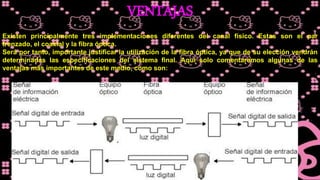 VENTAJAS
Existen principalmente tres implementaciones diferentes del canal físico. Estas son el par
trenzado, el coaxial y la fibra óptica.
Será por tanto, importante justificar la utilización de la fibra óptica, ya que de su elección vendrán
determinadas las especificaciones del sistema final. Aquí solo comentaremos algunas de las
ventajas más importantes de este medio, como son:
 