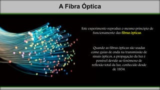 A Fibra Óptica
Este experimento reproduz o mesmo princípio de
funcionamento das fibras ópticas.
Quando as fibras ópticas são usadas
como guias de onda na transmissão de
sinais ópticos, a propagação da luz é
possível devido ao fenômeno de
reflexão total da luz, conhecido desde
de 1854.
 