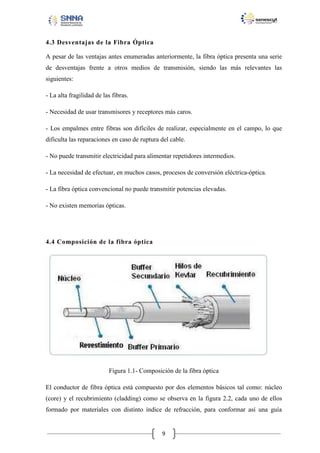 4.3 Desventajas de la Fibra Óptica
A pesar de las ventajas antes enumeradas anteriormente, la fibra óptica presenta una serie
de desventajas frente a otros medios de transmisión, siendo las más relevantes las
siguientes:
- La alta fragilidad de las fibras.
- Necesidad de usar transmisores y receptores más caros.
- Los empalmes entre fibras son difíciles de realizar, especialmente en el campo, lo que
dificulta las reparaciones en caso de ruptura del cable.
- No puede transmitir electricidad para alimentar repetidores intermedios.
- La necesidad de efectuar, en muchos casos, procesos de conversión eléctrica-óptica.
- La fibra óptica convencional no puede transmitir potencias elevadas.
- No existen memorias ópticas.

4.4 Composición de la fibra óptica

Figura 1.1- Composición de la fibra óptica
El conductor de fibra óptica está compuesto por dos elementos básicos tal como: núcleo
(core) y el recubrimiento (cladding) como se observa en la figura 2.2, cada uno de ellos
formado por materiales con distinto índice de refracción, para conformar así una guía

9

 