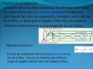 Angulo de aceptación
La fuente de luz se debe posicionar de tal modo que todos
los rayos entren por un cono de aceptación imaginario.
Si el ángulo del cono de aceptación, tomado a partir del eje
de la fibra, es igual que el ángulo crítico (θC), los rayos se
reflejarán internamente y se propagarán por el núcleo.
El cono de aceptación define la apertura numérica
NA de la fibra . Este es un número que indica el
rango de ángulos dentro del cual trabaja la fibra.
-Apertura numérica
 