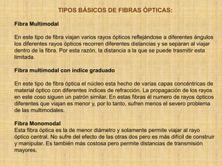 TIPOS BÁSICOS DE FIBRAS ÓPTICAS:Fibra Multimodal En este tipo de fibra viajan varios rayos ópticos reflejándose a diferentes ángulos los diferentes rayos ópticos recorren diferentes distancias y se separan al viajar dentro de la fibra. Por esta razón, la distancia a la que se puede trasmitir esta limitada.Fibra multimodal con índice graduado En este tipo de fibra óptica el núcleo esta hecho de varias capas concéntricas de material óptico con diferentes índices de refracción. La propagación de los rayos en este coso siguen un patrón similar. En estas fibras él numero de rayos ópticos diferentes que viajan es menor y, por lo tanto, sufren menos el severo problema de las multimodales.Fibra MonomodalEsta fibra óptica es la de menor diámetro y solamente permite viajar al rayo óptico central. No sufre del efecto de las otras dos pero es más difícil de construir y manipular. Es también más costosa pero permite distancias de transmisión mayores.
