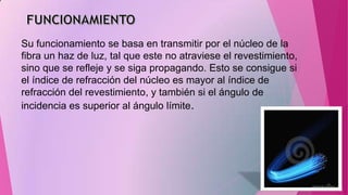 Su funcionamiento se basa en transmitir por el núcleo de la
fibra un haz de luz, tal que este no atraviese el revestimiento,
sino que se refleje y se siga propagando. Esto se consigue si
el índice de refracción del núcleo es mayor al índice de
refracción del revestimiento, y también si el ángulo de
incidencia es superior al ángulo límite.

 