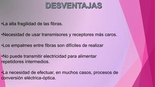 •La alta fragilidad de las fibras.
•Necesidad de usar transmisores y receptores más caros.
•Los empalmes entre fibras son difíciles de realizar
•No puede transmitir electricidad para alimentar
repetidores intermedios.
•La necesidad de efectuar, en muchos casos, procesos de
conversión eléctrica-óptica.

 