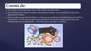 Consta de: 
 Un núcleo central de fibra con un alto índice de refracción. 
 Una cubierta que rodea al núcleo, de material similar, con un índice de refracción 
ligeramente menor. 
 Una envoltura que aísla las fibras y evita que se produzcan interferencias entre fibras 
adyacentes, a la vez que proporciona protección al núcleo. Cada una de ellas está 
rodeada por un revestimiento y reforzada para proteger a la fibra. 
 