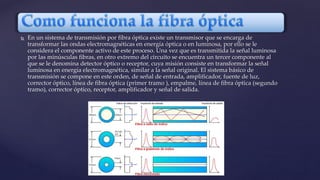  En un sistema de transmisión por fibra óptica existe un transmisor que se encarga de 
transformar las ondas electromagnéticas en energía óptica o en luminosa, por ello se le 
considera el componente activo de este proceso. Una vez que es transmitida la señal luminosa 
por las minúsculas fibras, en otro extremo del circuito se encuentra un tercer componente al 
que se le denomina detector óptico o receptor, cuya misión consiste en transformar la señal 
luminosa en energía electromagnética, similar a la señal original. El sistema básico de 
transmisión se compone en este orden, de señal de entrada, amplificador, fuente de luz, 
corrector óptico, línea de fibra óptica (primer tramo ), empalme, línea de fibra óptica (segundo 
tramo), corrector óptico, receptor, amplificador y señal de salida. 
 