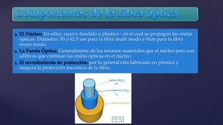  El Núcleo: En sílice, cuarzo fundido o plástico - en el cual se propagan las ondas 
ópticas. Diámetro: 50 o 62,5 um para la fibra multi modo y 9um para la fibra 
mono modo. 
 La Funda Óptica: Generalmente de los mismos materiales que el núcleo pero con 
aditivos que confinan las ondas ópticas en el núcleo. 
 El revestimiento de protección: por lo general esta fabricado en plástico y 
asegura la protección mecánica de la fibra. 
 