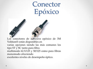 Conector
Epóxico
Los conectores de adhesivo epóxico de 3M
Volition® están disponibles en
varias opciones siendo las más comunes los
tipo ST y SC tanto para fibra
multimodo 62.5/125 y 50/125 como para fibras
monomodo ofreciendo
excelentes niveles de desempeño óptico.
 