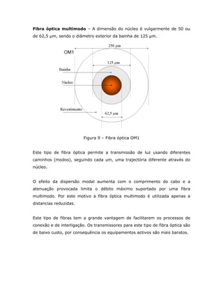 Fibra óptica multimodo – A dimensão do núcleo é vulgarmente de 50 ou
de 62,5 µm, sendo o diâmetro exterior da bainha de 125 µm.




                         Figura 9 – Fibra óptica OM1


Este tipo de fibra óptica permite a transmissão de luz usando diferentes
caminhos (modos), seguindo cada um, uma trajectória diferente através do
núcleo.


O efeito da dispersão modal aumenta com o comprimento do cabo e a
atenuação provocada limita o débito máximo suportado por uma fibra
multimodo. Por este motivo a fibra óptica multimodo é utilizada apenas a
distancias reduzidas.


Este tipo de fibras tem a grande vantagem de facilitarem os processos de
conexão e de interligação. Os transmissores para este tipo de fibra óptica são
de baixo custo, por consequência os equipamentos activos são mais baratos.
 
