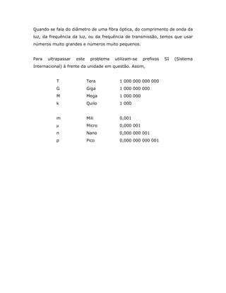 Quando se fala do diâmetro de uma fibra óptica, do comprimento de onda da
luz, da frequência da luz, ou da frequência de transmissão, temos que usar
números muito grandes e números muito pequenos.


Para   ultrapassar   este     problema   utilizam-se   prefixos   SI   (Sistema
Internacional) à frente da unidade em questão. Assim,


           T                Tera           1 000 000 000 000
           G                Giga           1 000 000 000
           M                Mega           1 000 000
           k                Quilo          1 000


           m                Mili           0,001
           µ                Micro          0,000 001
           n                Nano           0,000 000 001
           p                Pico           0,000 000 000 001
 