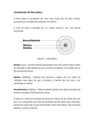 Constituição da fibra óptica


A fibra óptica é constituída por uma vara muito fina de sílica (vidro),
envolvida num revestimento protector em acrílico.


A vara de vidro é formada por um núcleo central e por uma bainha
envolvente.




                           Figura 2 – Fibra óptica


Núcleo (Core) - As fibras ópticas apresentam uma zona central onde o índice
de refracção é mais elevado do que na zona circundante. É no núcleo que se
dá o guiamento da luz.


Bainha (Cladding) - Material que envolve o núcleo com um índice de
refracção mais baixo do que o primeiro. A bainha faz com que a luz
permaneça no núcleo.


Revestimento (Coating) - Material plástico (acrílico em dupla camada) que
envolve e protege mecanicamente a fibra.


O facto de o índice de refracção da bainha ser inferior ao do núcleo, faz com
que a luz introduzida numa das extremidades da fibra óptica seja conduzida,
através do núcleo até à outra extremidade. Numa fibra óptica, não é possível
separar o núcleo da bainha.
 