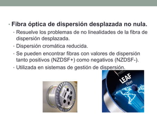 • Fibra óptica de dispersión desplazada no nula.
  • Resuelve los problemas de no linealidades de la fibra de
    dispersión desplazada.
  • Dispersión cromática reducida.
  • Se pueden encontrar fibras con valores de dispersión
    tanto positivos (NZDSF+) como negativos (NZDSF-).
  • Utilizada en sistemas de gestión de dispersión.
 