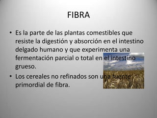 FIBRA
• Es la parte de las plantas comestibles que
  resiste la digestión y absorción en el intestino
  delgado humano y que experimenta una
  fermentación parcial o total en el intestino
  grueso.
• Los cereales no refinados son una fuente
  primordial de fibra.
 