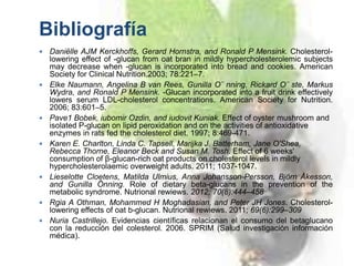 Bibliografía
   Daniëlle AJM Kerckhoffs, Gerard Hornstra, and Ronald P Mensink. Cholesterol-
    lowering effect of -glucan from oat bran in mildly hypercholesterolemic subjects
    may decrease when -glucan is incorporated into bread and cookies. American
    Society for Clinical Nutrition.2003; 78:221–7.
   Elke Naumann, Angelina B van Rees, Gunilla O¨ nning, Rickard O¨ ste, Markus
    Wydra, and Ronald P Mensink. -Glucan incorporated into a fruit drink effectively
    lowers serum LDL-cholesterol concentrations. American Society for Nutrition.
    2006; 83:601–5.
   Pave1 Bobek, iubomir Ozdin, and iudovit Kuniak. Effect of oyster mushroom and
    isolated P-glucan on lipid peroxidation and on the activities of antioxidative
    enzymes in rats fed the cholesterol diet. 1997; 8:469-471.
   Karen E. Charlton, Linda C. Tapsell, Marijka J. Batterham, Jane O'Shea,
    Rebecca Thorne, Eleanor Beck and Susan M. Tosh. Effect of 6 weeks'
    consumption of β-glucan-rich oat products on cholesterol levels in mildly
    hypercholesterolaemic overweight adults. 2011; 1037-1047.
   Lieselotte Cloetens, Matilda Ulmius, Anna Johansson-Persson, Björn Åkesson,
    and Gunilla Önning. Role of dietary beta-glucans in the prevention of the
    metabolic syndrome. Nutrional rewiews. 2012; 70(8):444–458
   Rgia A Othman, Mohammed H Moghadasian, and Peter JH Jones. Cholesterol-
    lowering effects of oat b-glucan. Nutrional rewiews. 2011; 69(6):299–309
   Nuria Castrillejo. Evidencias científicas relacionan el consumo del betaglucano
    con la reducción del colesterol. 2006. SPRIM (Salud investigación información
    médica).
 