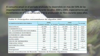 El consumo anual en el periodo analizado ha dependido en mas del 50% de las
importaciones de fibra excepto durante los años 2004 y 2005, especialmente por
incrementos en el área sembrada y en la producción de fibra durante estos años.
 