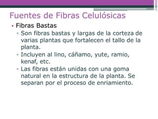 Fuentes de Fibras Celulósicas
• Fibras Bastas
▫ Son fibras bastas y largas de la corteza de
varias plantas que fortalecen el tallo de la
planta.
▫ Incluyen al lino, cáñamo, yute, ramio,
kenaf, etc.
▫ Las fibras están unidas con una goma
natural en la estructura de la planta. Se
separan por el proceso de enriamiento.
 