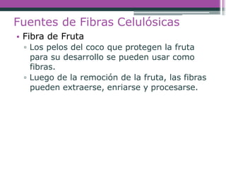 Fuentes de Fibras Celulósicas
• Fibra de Fruta
▫ Los pelos del coco que protegen la fruta
para su desarrollo se pueden usar como
fibras.
▫ Luego de la remoción de la fruta, las fibras
pueden extraerse, enriarse y procesarse.
 