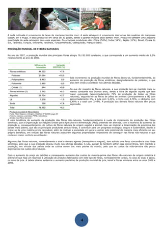 A seda cultivada é proveniente da larva da mariposa bombix mori. A seda selvagem é proveniente das larvas das espécies de mariposas
tussah, eri e muga. A seda produz-se em cerca de 30 países, sendo a grande maioria seda bombix mori. Produz-se também uma pequena
quantidade de seda selvagem para usos especiais. Os principais produtores são: China (54%), Índia (14%), Japão (11%), Brasil, Coreia do
Sul, Tailândia, Turquia, Vietname, Tailândia, Turquemenistão, Usbequistão, França e Itália.
PRODUÇÃO MUNDIAL DE FIBRAS NATURAIS
No ano de 2007, a produção mundial das principais fibras atingiu 76.192.000 toneladas, o que corresponde a um aumento médio de 6,3%
relativamente ao ano de 2006.
Este incremento na produção mundial de fibras deveu-se, fundamentalmente, ao
aumento da produção de fibras sintéticas, designadamente de poliéster, o que
aliás tem vindo a acontecer nas últimas décadas.
No que diz respeito às fibras naturais, a sua produção tem-se mantido mais ou
menos constante nos últimos anos, sendo a fibra de algodão aquela que tem
maior expressão (aproximadamente 75% da produção de todas as fibras
naturais), seguindo-se as fibras de pêlos de animais (principalmente a lã) com
aproximadamente 6%, a juta com 5,24%, o linho com 4,76%, o cânhamo com
3,49% e o sisal com 3,49%. A produção das demais fibras naturais têm pouca
expressão.
É esta tendência de aumento da produção das fibras não-naturais, fundamentalmente à custa do incremento da produção das fibras
sintéticas, que a Organização das Nações Unidas para Agricultura e Alimentação (FAO) pretende ver alterada, com o incentivo ao aumento da
produção e, consequentemente, do cultivo de fibras naturais de origem vegetal e animal. Isso vai implicar a dinamização da economia dos
países mais pobres, que são os principais produtores destas fibras, e contribuir para um progresso ecológico, seguro e sustentável, devido a
tratar-se de uma matéria-prima renovável, além de motivar a sociedade em geral a aplicar este potencial de maneira mais eficiente no seu
próprio benefício, em virtude das fibras naturais possuírem algumas propriedades impossíveis de conseguir nas fibras não-naturais e que
conferem maior conforto ao utilizador.
Algumas das fibras naturais, nomeadamente o sisal e demais agaves (henequém e maguei), tem sofrido uma feroz concorrência das fibras
sintéticas, pelo que a sua produção desceu muito nas últimas décadas. A juta, apesar de também sofrer essa concorrência, tem mantido a
produção, em virtude dos países onde se cultiva serem dos mais pobres do mundo, pelo que os custos da mão-de-obra são pouco
expressivos nos custos de produção.
Com o aumento do preço do petróleo e consequente aumento dos custos da matéria-prima das fibras não-naturais de origem sintética é
previsível que haja um regresso à utilização de produtos fabricados com este tipo de fibras, nomeadamente cordas, no caso do sisal, e sacos,
no caso da juta. A tabela abaixo evidencia o aumento paulatino da produção mundial de juta, kenaf e fibras similares entre os anos 2000 e
2005.
4
 