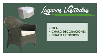 Lugares Visitados
• IKEA
• CHARO DECORACIONES
• CHARO EXTERIORES
 