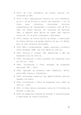 •   1973:    Um     link    telefônico       de     fibras     ópticas   foi
    instalado no EUA.
•   1976: O Bell Laboratories instalou um link telefônico
    em de 1 km em Atlanta e provou ser possível o uso da
    fibra         para      telefonia,            misturando        técnicas
    convencionais de transmissão. O primeiro link de TV a
    cabo    com    fibras    ópticas    foi       instalado    em   Hastings
    (UK). A empresa Rank Optics em Leeds (UK) fabrica
    fibras de 110 nm para iluminação e decoração.
•   1978: Começa, em vários pontos do mundo, a fabricação
    de fibras ópticas com perdas menores do que 1,5 dB/km,
    para as mais diversas aplicações.
•   1979: MYA e colaboradores, Japão, anunciam a primeira
    fibra monomodo (SMF) com 0,20 dB/km em 1550 nm.
•   1981: Ainslie e colegas (UK) demonstram a SMF com
    dispersão nula em 1550 nm.
•   1983: Introduzida a fibra monomodo com dispersão nula
    em 1310 nm – G652.
•   1985:    Introduzida         a   fibra    monomodo        de    dispersão
    deslocada (DS) – G653.
•   1988:    Operação       do   primeiro     cabo    submarino,      TAT-8,
    entre EUA, França e Inglaterra.
•   1989: Introdução comercial dos amplificadores ópticos
    dopados com érbio.
•   1994: Introduzida a fibra de dispersão nula (NZD) em
    1500 nm – G655.
•   2001: A fibra óptica movimenta cerca de 30 bilhões de
    dólares a cada ano.
•   2004: As pesquisas avançam em direção à caracterização
    e fabricação de fibras fotônicas.




                                                                           10
 