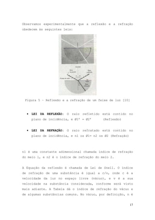 Observamos experimentalmente que a reflexão e a refração
obedecem às seguintes leis:




 Figura 5 – Reflexão e a refração de um feixe de luz [10]



  •   LEI DA REFLEXÃO: O raio refletido está contido no
      plano de incidência, e Ø1’ = Ø2’      (Reflexão)


  •   LEI DA REFRAÇÃO: O raio refratado está contido no
      plano de incidência, e n1 os Ø1= n2 os Ø2 (Refração)




n1 é uma constante adimensional chamada índice de refração
do meio l, e n2 é o índice de refração do meio 2.


A Equação da reflexão é chamada de Lei de Snell. O índice
de refração de uma substância é igual a c/v, onde c é a
velocidade da luz no espaço livre (vácuo), e v é a sua
velocidade na substância considerada, conforme será visto
mais adiante. A Tabela dá o índice de refração do vácuo e
de algumas substâncias comuns. No vácuo, por definição, n é


                                                             17
 