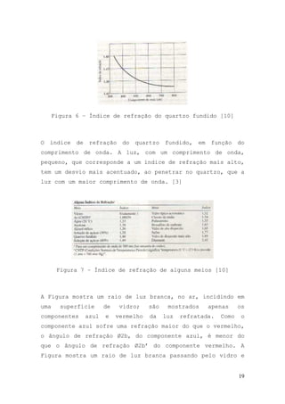 Figura 6 – Índice de refração do quartzo fundido [10]



O   índice   de    refração     do   quartzo   fundido,   em   função    do
comprimento de onda. A luz, com um comprimento de onda,
pequeno, que corresponde a um índice de refração mais alto,
tem um desvio mais acentuado, ao penetrar no quartzo, que a
luz com um maior comprimento de onda. [3]




       Figura 7 – Índice de refração de alguns meios [10]



A Figura mostra um raio de luz branca, no ar, incidindo em
uma     superfície       de    vidro;    são    mostrados      apenas    os
componentes       azul   e    vermelho   da    luz   refratada.   Como    o
componente azul sofre uma refração maior do que o vermelho,
o ângulo de refração Ø2b, do componente azul, é menor do
que o ângulo de refração Ø2b’ do componente vermelho. A
Figura mostra um raio de luz branca passando pelo vidro e


                                                                         19
 