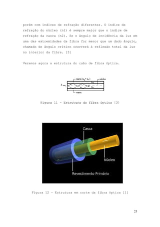 porém com índices de refração diferentes. O índice de
refração do núcleo (n1) é sempre maior que o índice de
refração da casca (n2). Se o ângulo de incidência da luz em
uma das extremidades da fibra for menor que um dado ângulo,
chamado de ângulo crítico ocorrerá à reflexão total da luz
no interior da fibra. [3]


Veremos agora a estrutura do cabo de fibra óptica.




         Figura 11 – Estrutura da fibra óptica [3]




    Figura 12 – Estrutura em corte da fibra óptica [1]




                                                         23
 