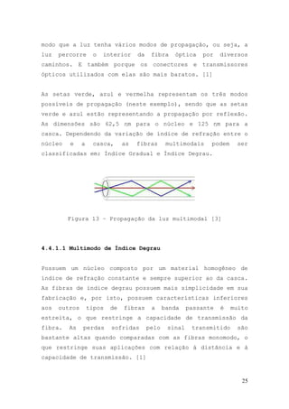 modo que a luz tenha vários modos de propagação, ou seja, a
luz   percorre      o   interior     da    fibra    óptica    por    diversos
caminhos. E também porque os conectores e transmissores
ópticos utilizados com elas são mais baratos. [1]


As setas verde, azul e vermelha representam os três modos
possíveis de propagação (neste exemplo), sendo que as setas
verde e azul estão representando a propagação por reflexão.
As dimensões são 62,5 ηm para o núcleo e 125 ηm para a
casca. Dependendo da variação de índice de refração entre o
núcleo   e     a    casca,      as   fibras       multimodais    podem    ser
classificadas em: Índice Gradual e Índice Degrau.




         Figura 13 – Propagação da luz multimodal [3]




4.4.1.1 Multimodo de Índice Degrau


Possuem um núcleo composto por um material homogêneo de
índice de refração constante e sempre superior ao da casca.
As fibras de índice degrau possuem mais simplicidade em sua
fabricação e, por isto, possuem características inferiores
aos   outros       tipos   de   fibras     a     banda    passante   é   muito
estreita, o que restringe a capacidade de transmissão da
fibra.   As    perdas      sofridas       pelo    sinal    transmitido    são
bastante altas quando comparadas com as fibras monomodo, o
que restringe suas aplicações com relação à distância e à
capacidade de transmissão. [1]



                                                                            25
 